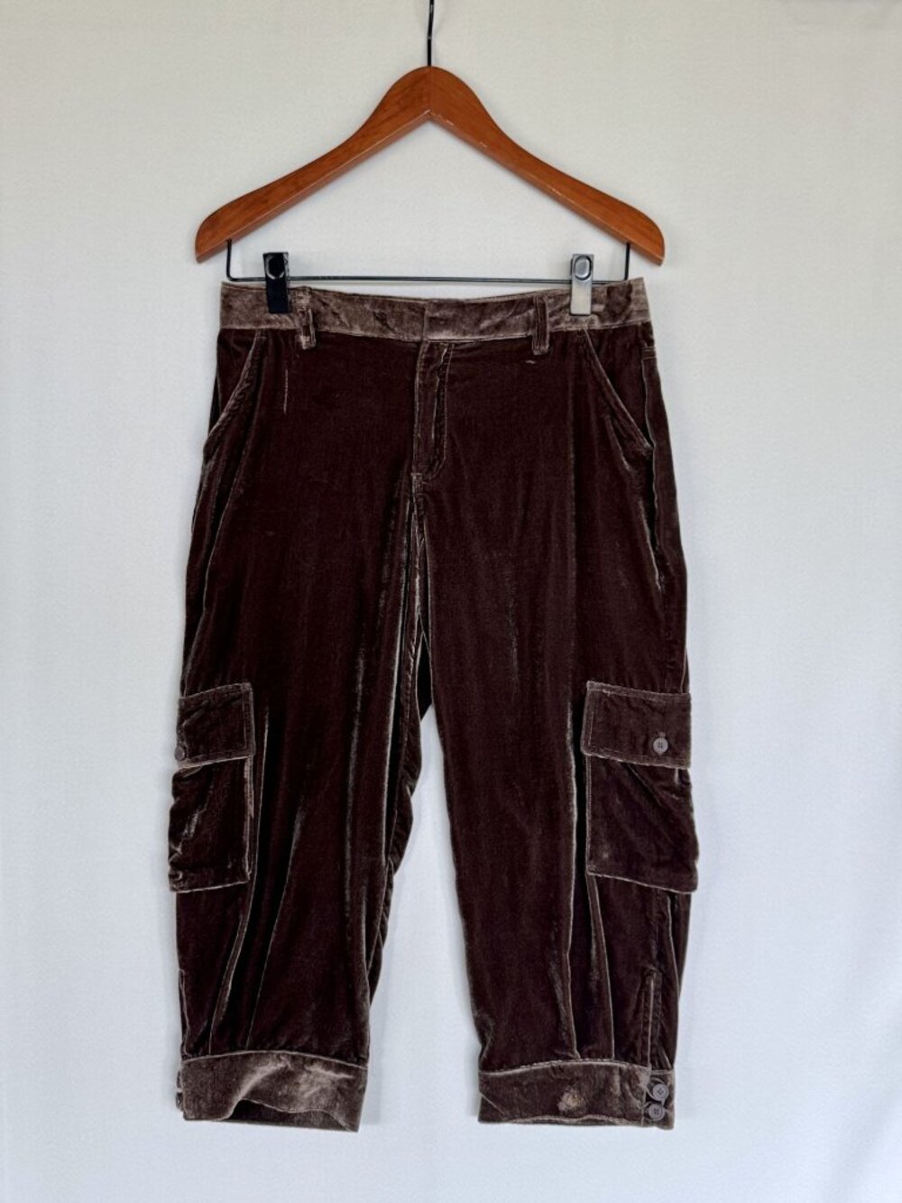 Y2k Metro 7 Chocolate Brown Crushed Velvet Mid Rise Cargo Jogger Capris Size 6